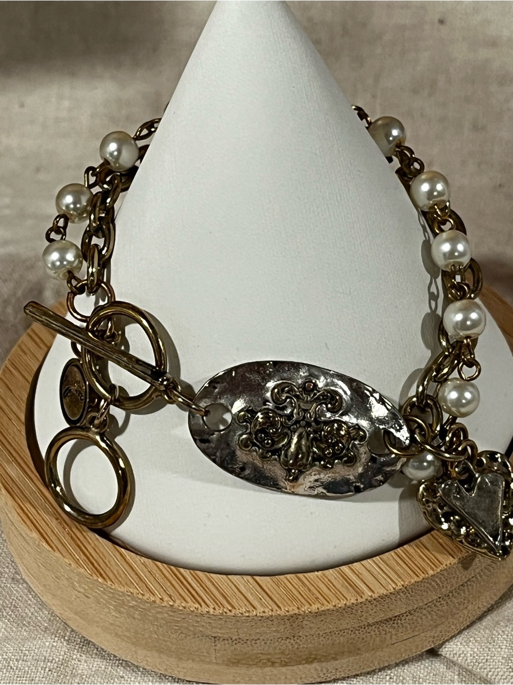Mixed Metal Pearl Bracelet with Decorative Oval Medallion